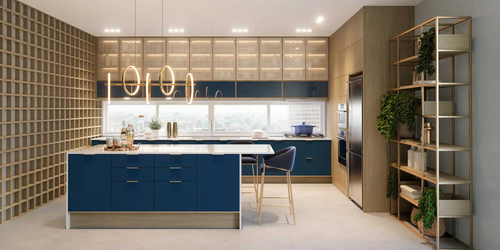 Cozinha planejada Italínea azul moderna com ilha central e armários iluminados — Cozinha planejada em Manaus com móveis sob medida