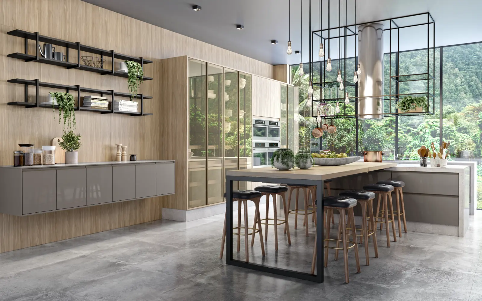Cozinha planejada Italínea cinza em estilo industrial com ilha, estantes e plantas — Cozinha planejada em Manaus com móveis sob medida
