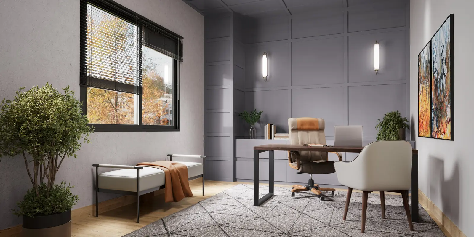 Escritório planejado Italínea em tons de cinza com mesa, poltronas e iluminação natural — Home office planejado em Manaus