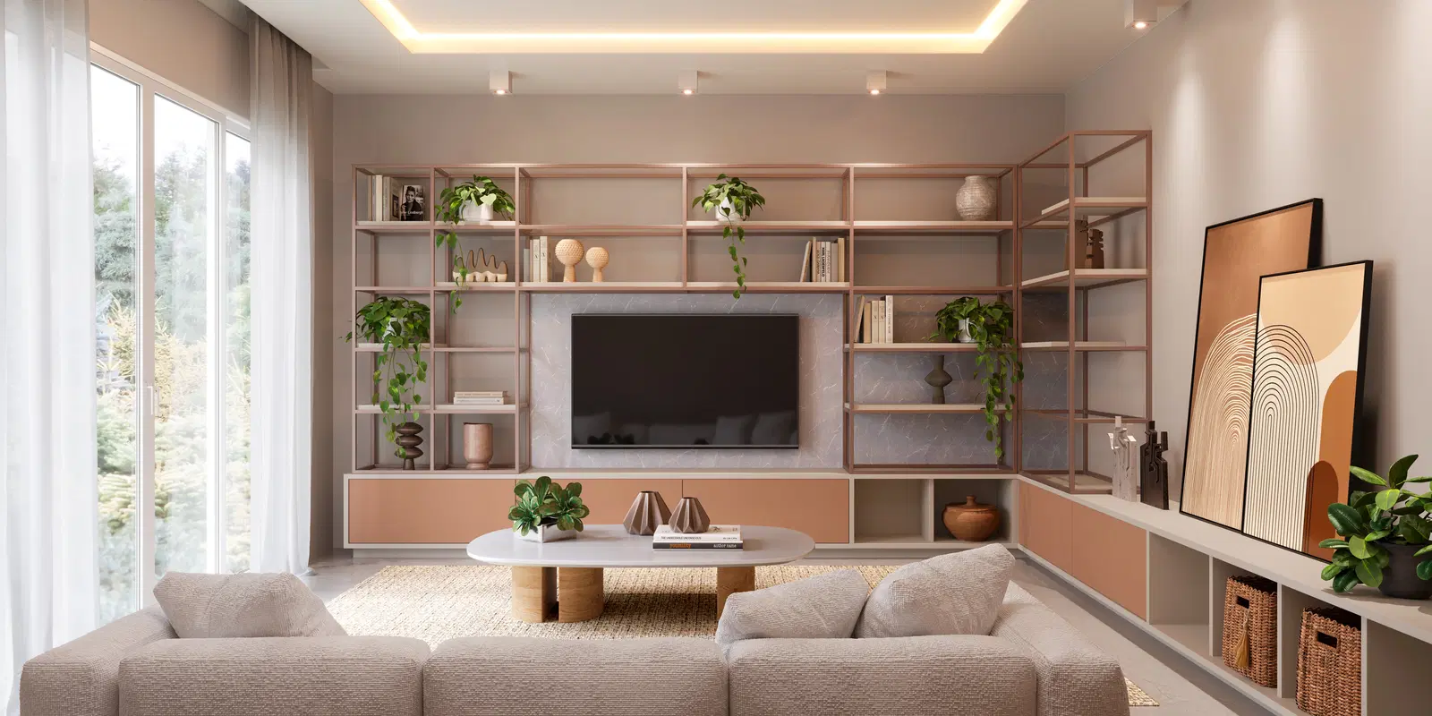 Sala planejada Italínea com estante metálica em tom rosé, painel de televisão e iluminação natural — Sala com móveis planejados em Manaus