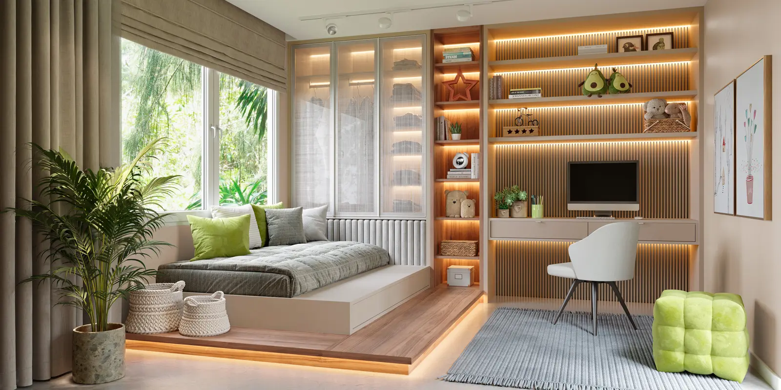 Quarto de solteiro planejado Italínea com cama, bancada de estudos e estante iluminada — Dormitório planejado Italínea em Manaus