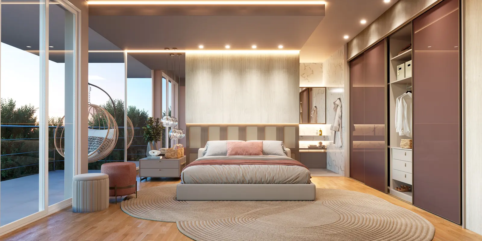 Quarto de casal planejado Italínea com roupeiro, penteadeira, iluminação embutida e varanda — Dormitório planejado Italínea em Manaus